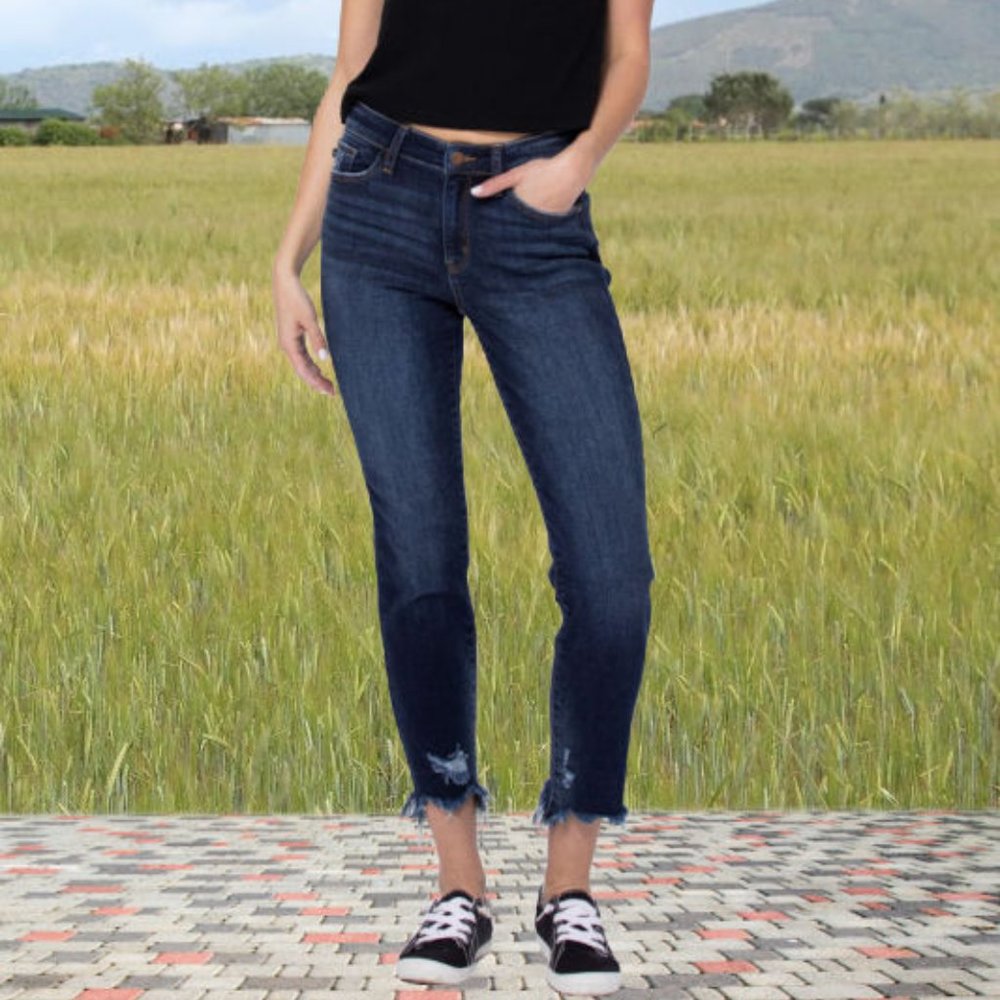 SALE Judy Blue Mid Rise Destroyed Hem Slim Fit Jeans